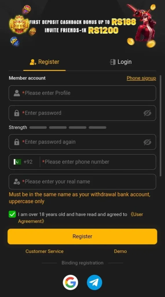 188PKR Game registration screen