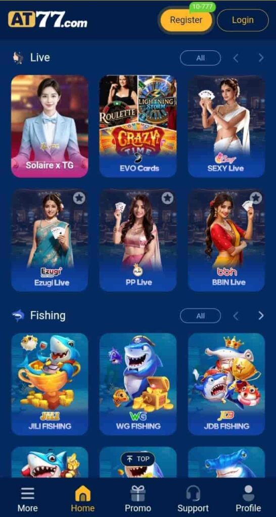 AT77 live and fishing game categories