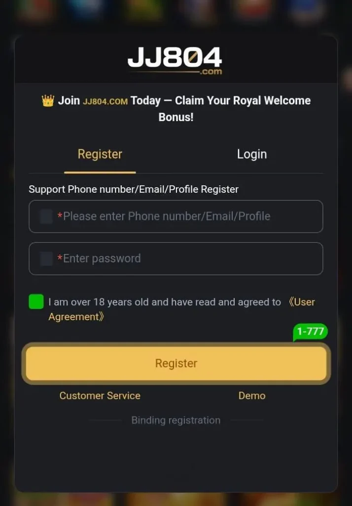 JJ804 Game registration Page